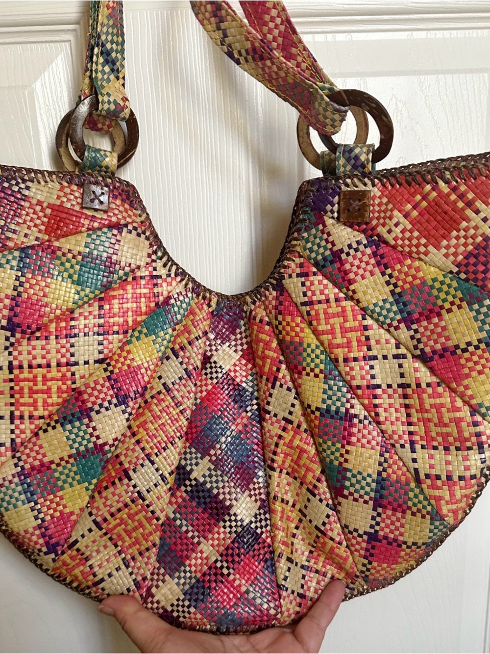 Vintage Woven Multicolor Crescent Shoulder Bag - Women Retro Boho